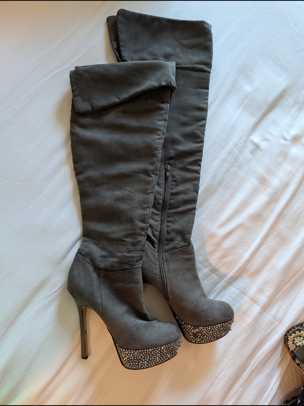Over-the-Knee Gray Platform Stiletto Boots with Embellished Toe